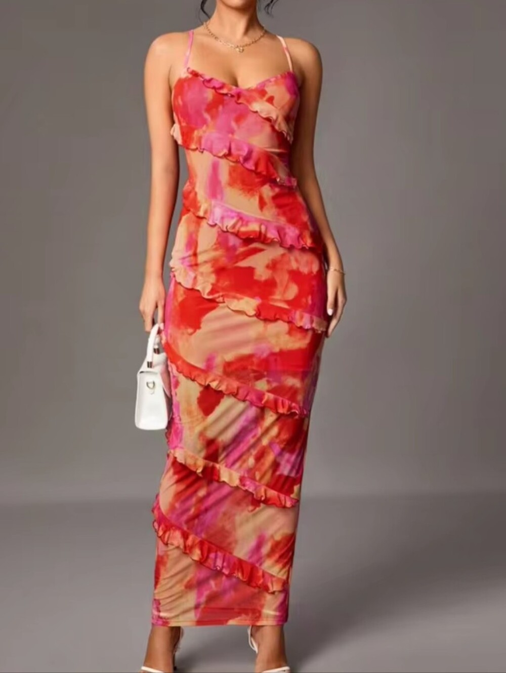 Shein Curve Red Pink Orange Tie Dye Ruffle Hem Sleeveless Cami Maxi Dress XL NWT
